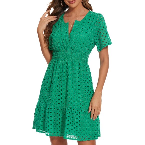 Women Summer Eyelet Lace Mini Dress V Neck Hollow Out Casual A Line - Picture 3 of 5